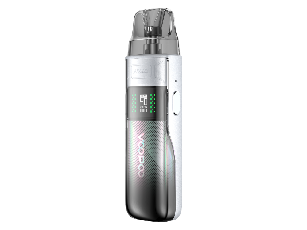 VooPoo Argus E40 Pod-System mit 40 Watt, 1800mAh, 4,5ml, abgebildet mit zwei verschiedenen Cartridges für unterschiedliche Dampfarten.