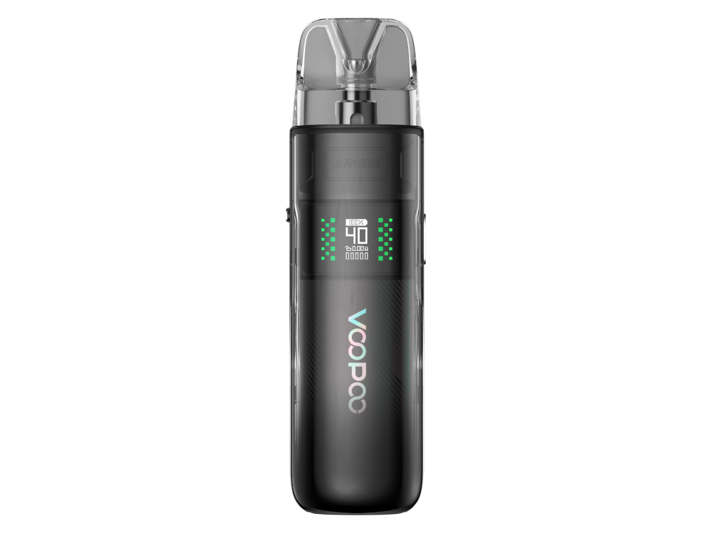 VooPoo Argus E40 Pod-System und Zubehör, präsentiert im Paket mit Bedienungsanleitung und USB-C-Kabel.